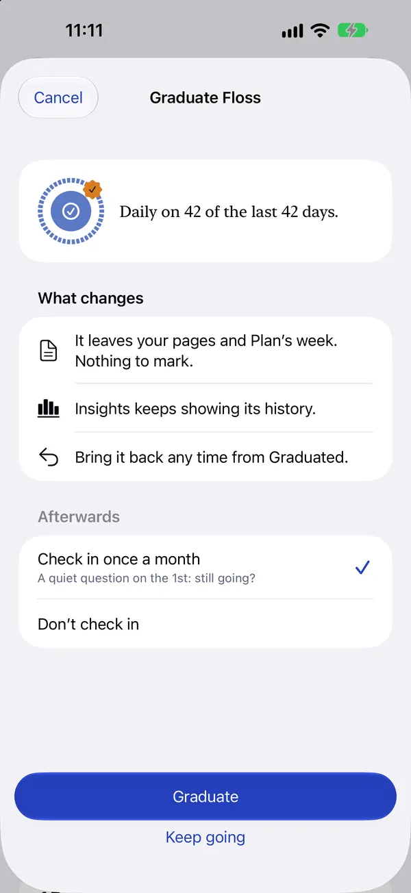 The Graduate sheet: what changes when a habit graduates